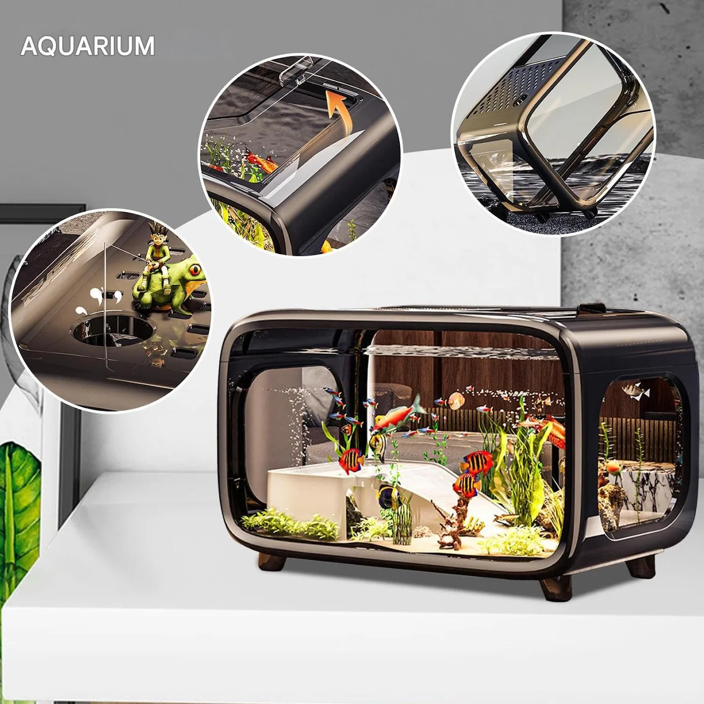 Acuario Pecera De Escritorio Para Tortugas Con Decoración De Escala | Recipiente De Paisaje Acrílico Transparente Con Orificio Para Alimentación Para Animales Acuáticos Como Betta