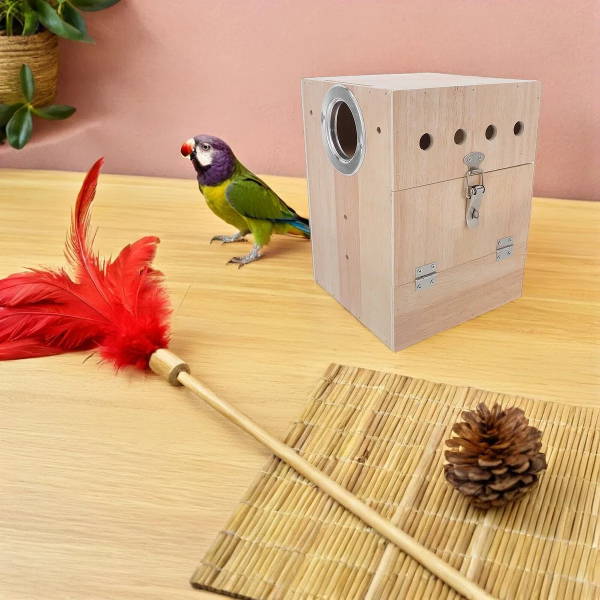 Caja Nido para Periquitos Mediana de Madera para Cría de Aves, Suministros para Nidos de Pájaros, con Diseño Seguro y Ventilación Óptima, Adecuado para Jaulas Estándar y Cría