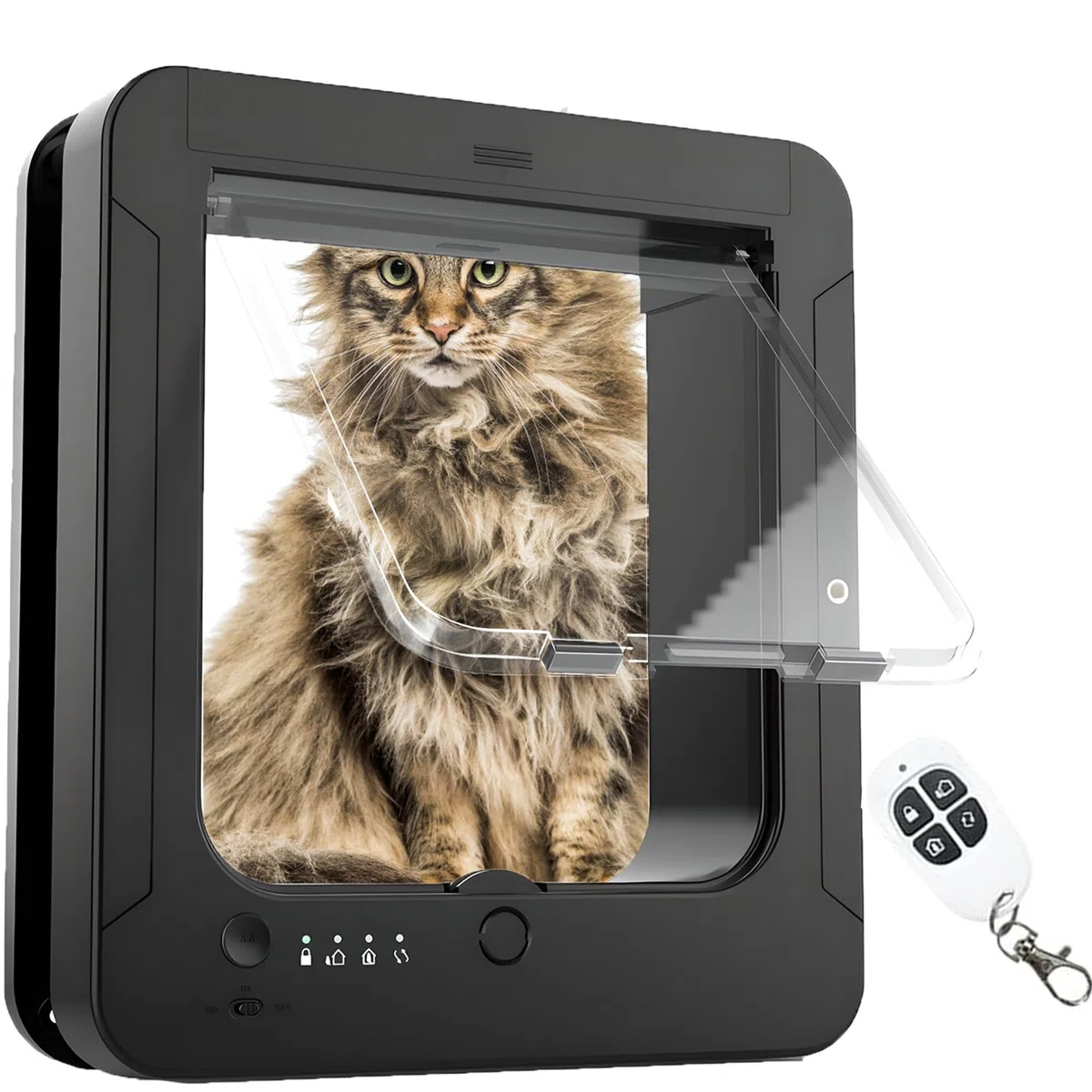 Gatera con Microchip, Puerta Inteligente para Gatos, con 2 Collares con Sensor y 1 Mando a Distancia, tamaño de Apertura: 7.7 * 8.3 in, para Gatos, Cachorros（Negro）