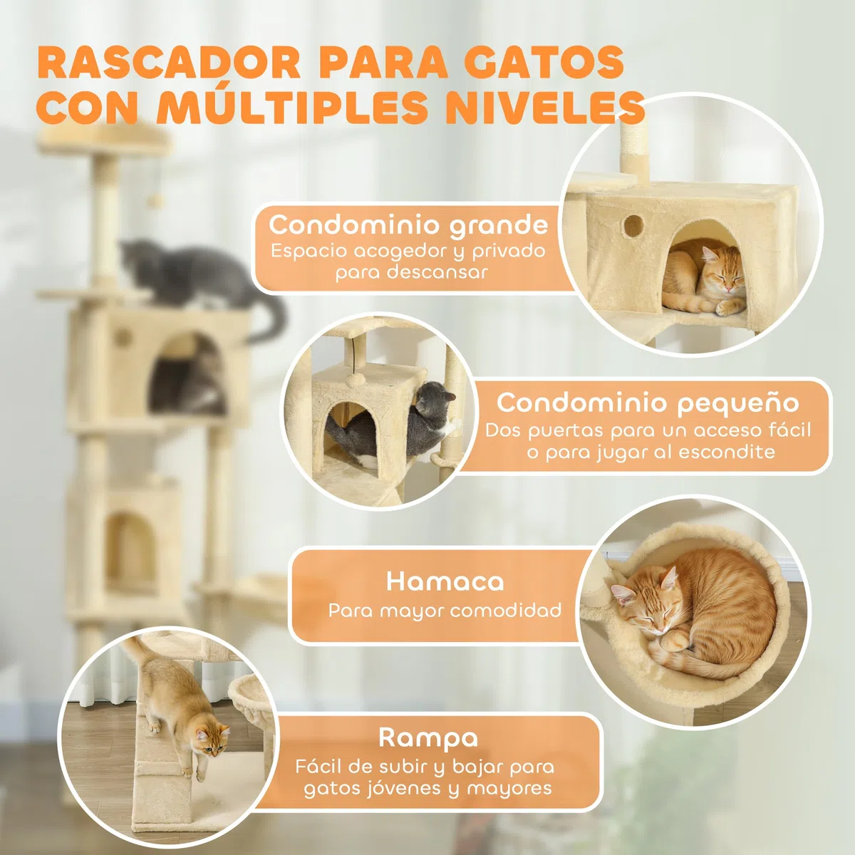PawHut Árbol Rascador para Gatos, Árbol para Gatos 180 cm, Torre Escalador con Múltiples Plataformas, Cama, 2 Cuevas, Hamaca, Escalera, Postes de Sisal, Bolas para Jugar, Beige