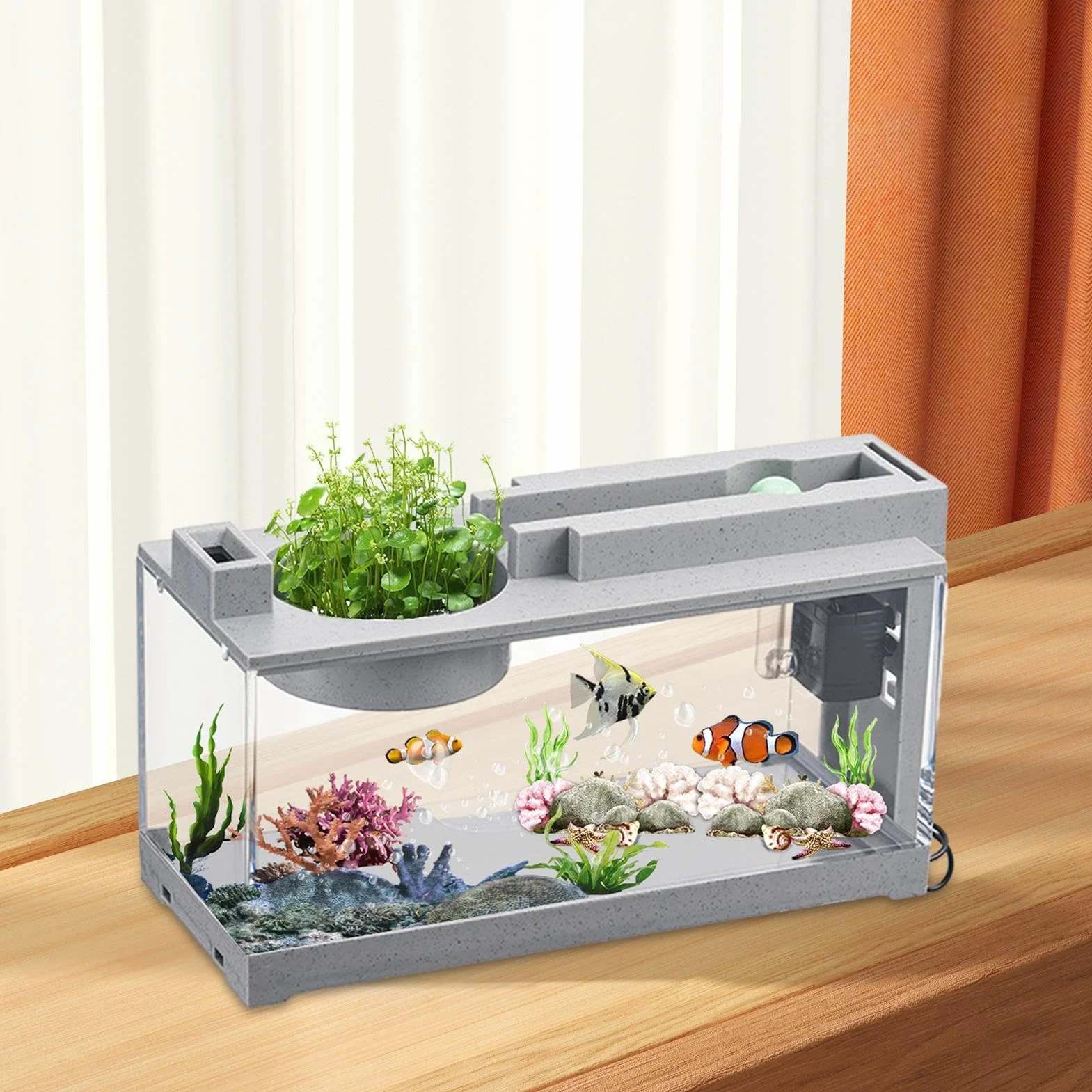 Generic Tanque de Peces con Filtro de Bomba de Aire y luz, Acuario Rectangular con luz LED, Acuario Pequeño para Bettas, Guppies, Peces Loro Min-i, Camarones, Goldfish