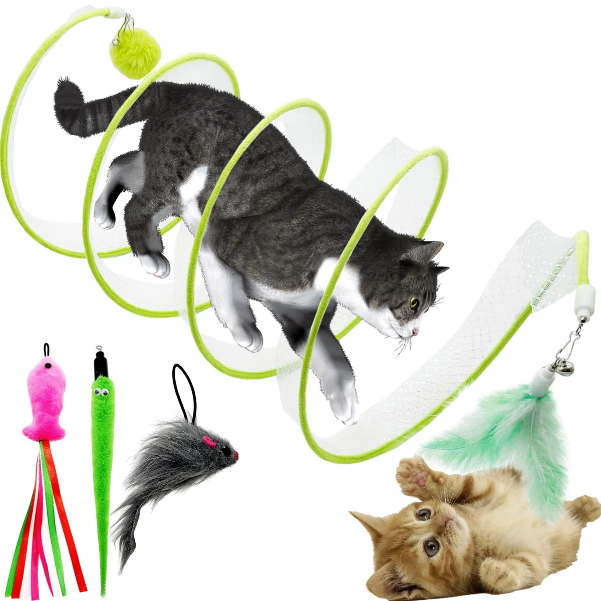 Túnel Plegable para Gatos, Juguete Plegable para Gatos con Pluma de Gato, Gusano, pez, ratón, Juguetes, recargas, Juguete Interactivo de Plumas para Gatos, túneles para Gatos de Interior (Verde)