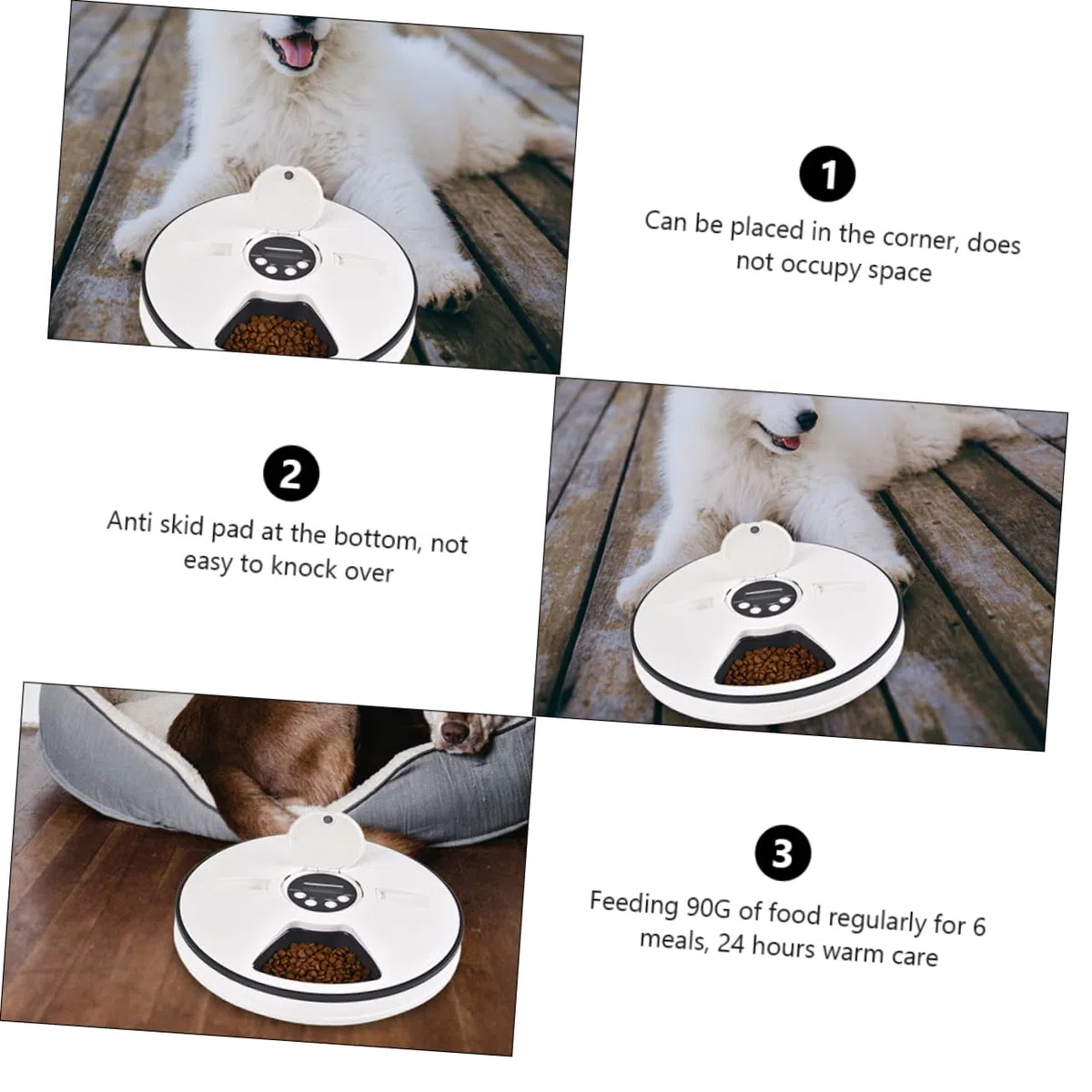 Comedero Automático Temporizado para Mascotas 6 Compartimentos | Capacidad 90g, Abs Negro, Diseño Desmontable Base Antideslizante, Fácil Limpieza y Colocación en Esquina