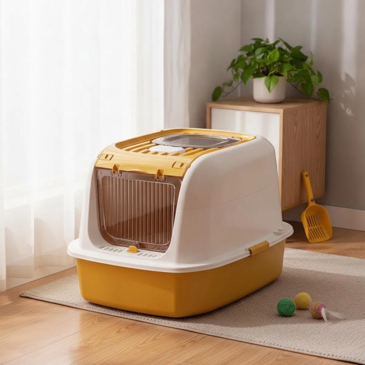 Caja de Arena Cerrada para Gatos Caja Higiénica Arenero Cubierto Contenedor de Residuos con Tapa Practicable y Borde Ancho PP y Interior Adecuada para Apartamentos y Estudios, Gris