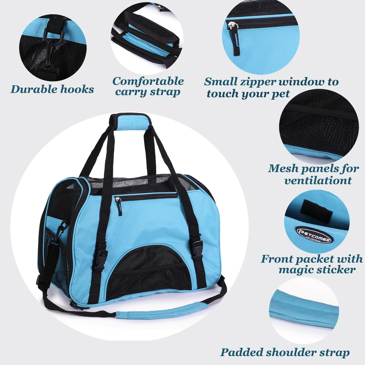 Cómodo Bolso de Hombro Portador de Viaje con Estera y Lados Suaves, Aprovado por la Aerolínea para Mascotas Perros y Gatos, Azul Claro