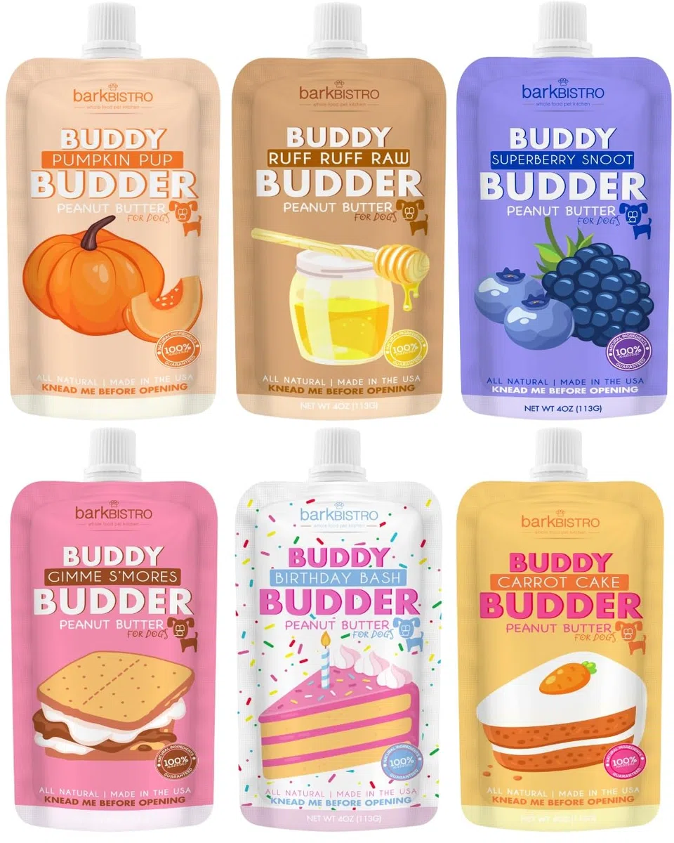 BUDDY BUDDER Bark Bistro Company - Paquete de 6 paquetes de sabores mixtos, mantequilla de maní 100% natural para perros, golosinas saludables para perros con mantequilla de maní, fabricadas en