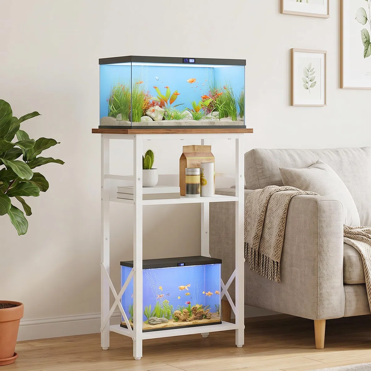 HOOBRO Soporte para Acuario de 3 Niveles, Soporte para Pecera de 37,8 L, con Espacio de Almacenamiento, Marco Metálico, para Sala de Estar, Estudio, Oficina, Blanco y Nogal EWH52FT01