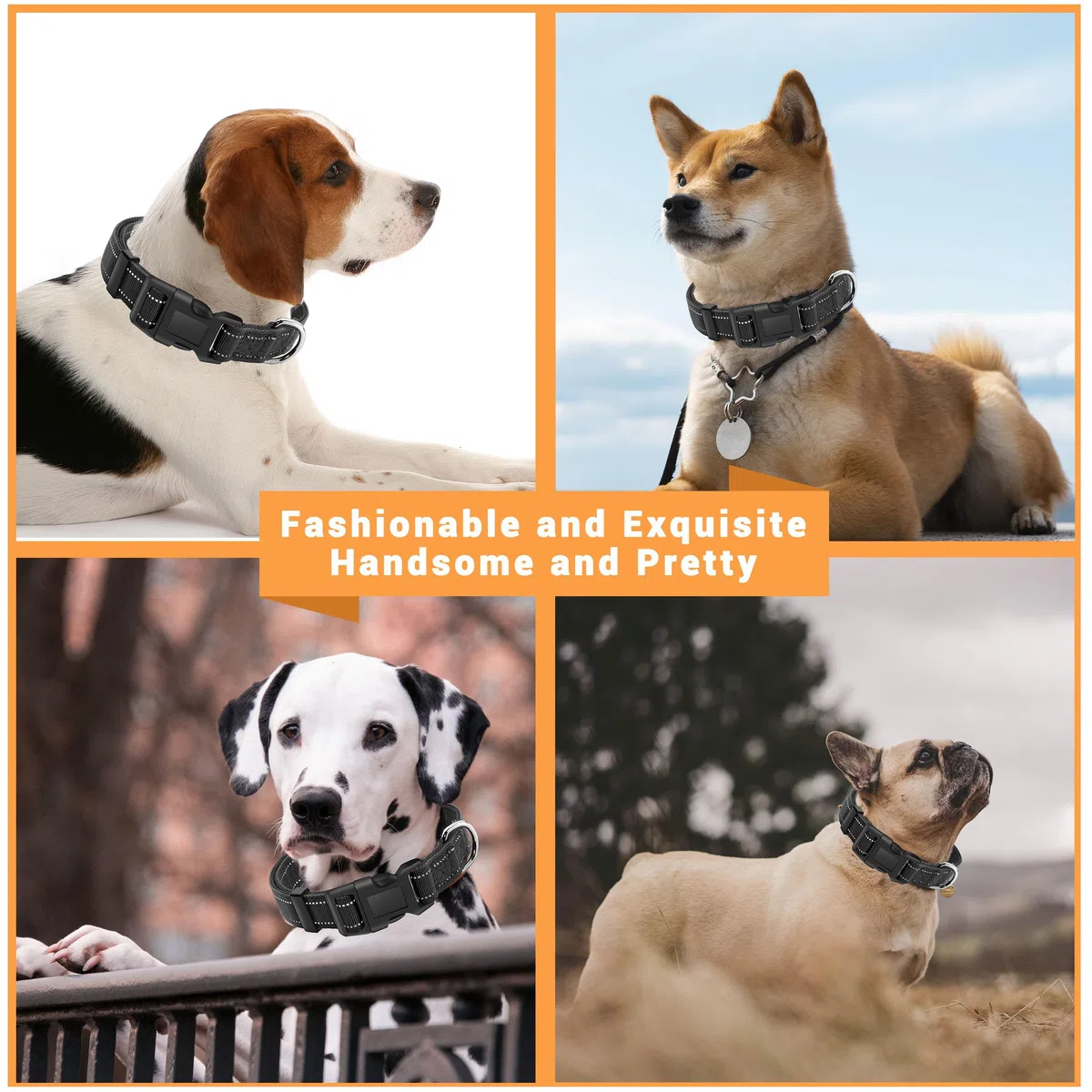 Paquete de 2 collares reflectantes para perro con hebilla de bloqueo de seguridad, ajustable, suave, transpirable, cómodo, de nailon, para perros pequeños, medianos y grandes, negro, M