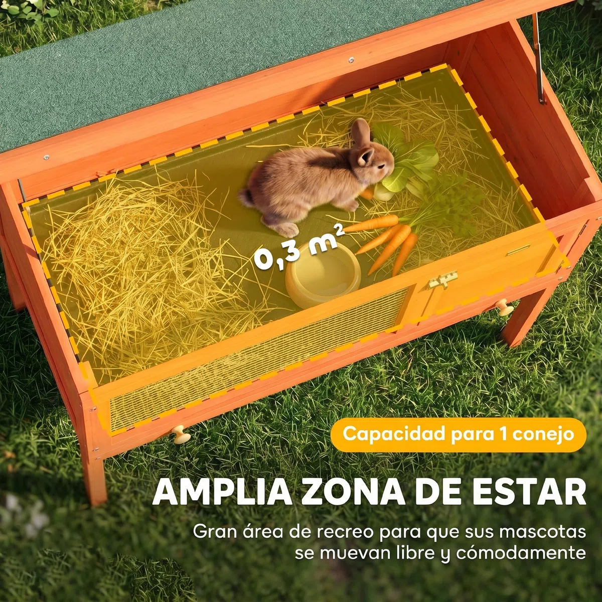 PawHut Conejera de Madera Techo Asfáltico Abatible 90x45x65 cm Naranja