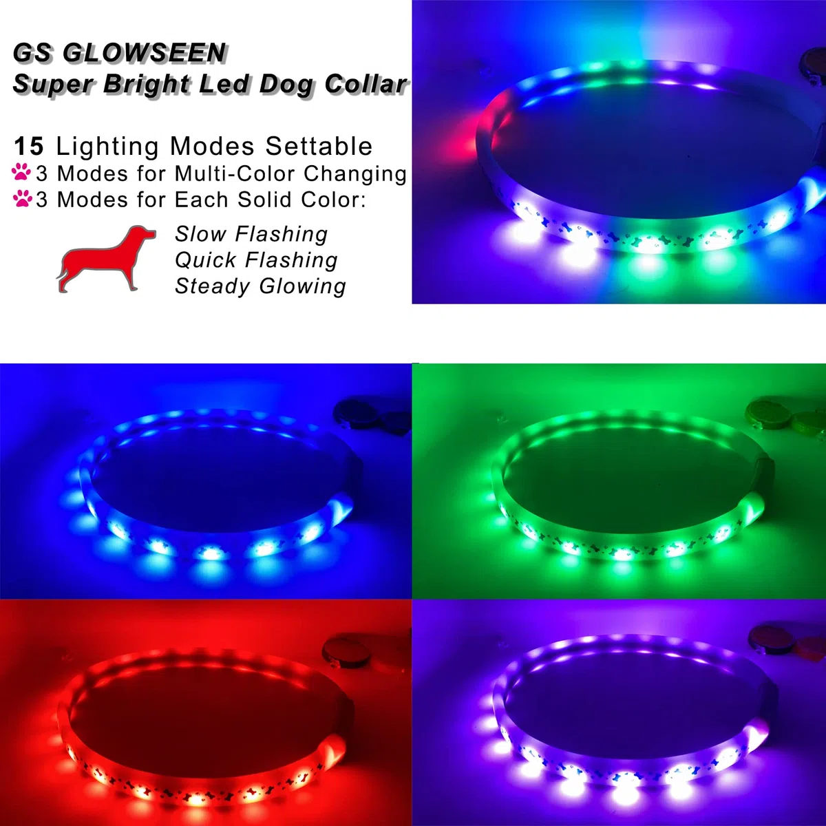 GS GLOWSEEN - Collar para perro con luz LED, color cambiable, Talla única, Un tamaño