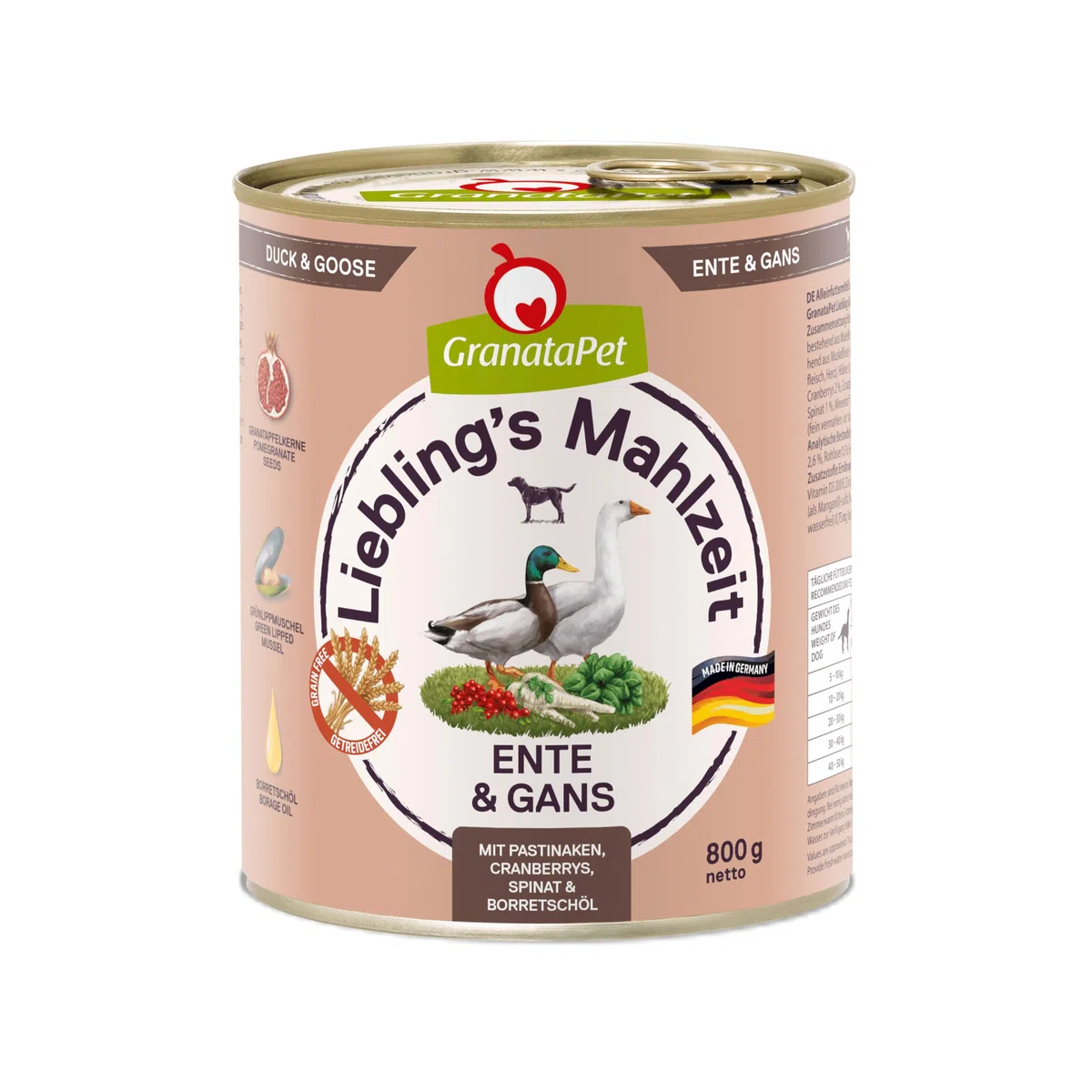 GranataPet Liebling's Mahlzeit Pato & Gans, Comida húmeda para Perros, Comida para Perros sin Cereales y sin azúcares, pienso Completo, 12 x 800 g