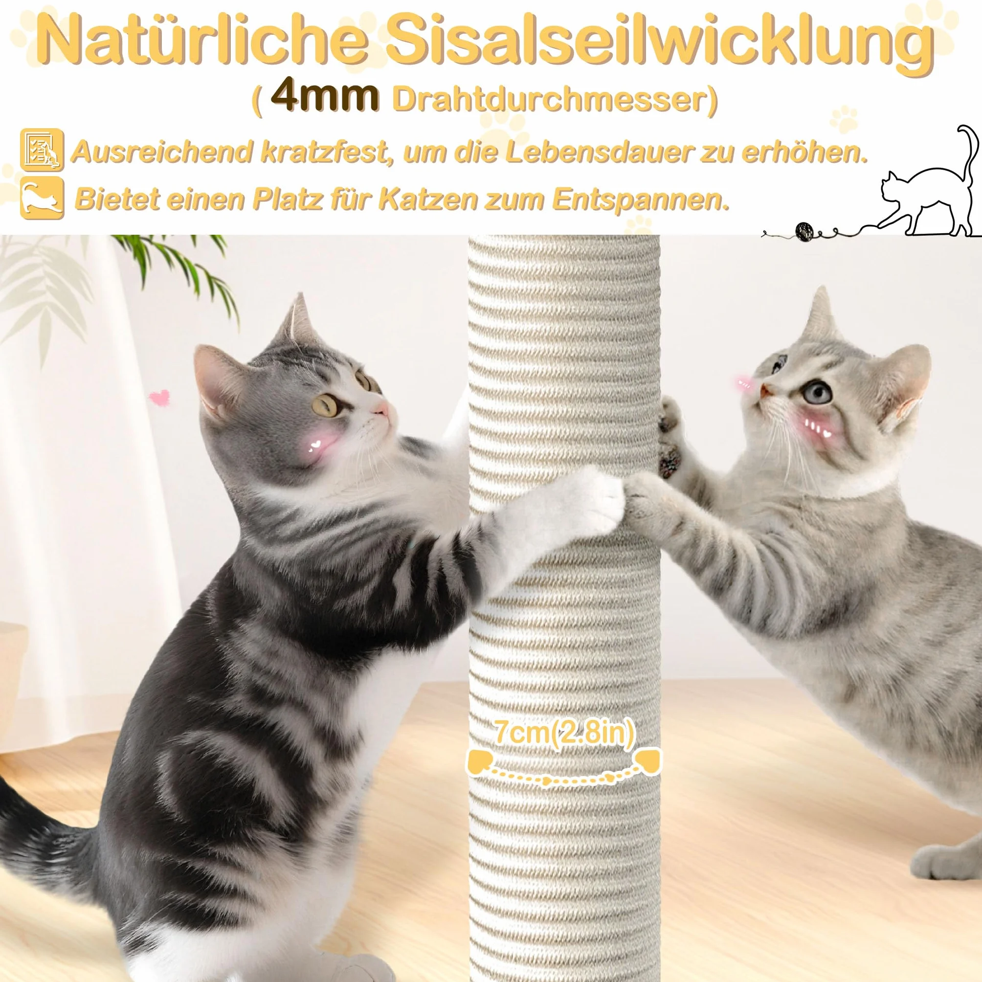 NAIZY Rascador grande para gatos, 49 x 49 x 130 cm, XXL, con columnas de sisal y cueva para gatos, antideslizante, gris K1254