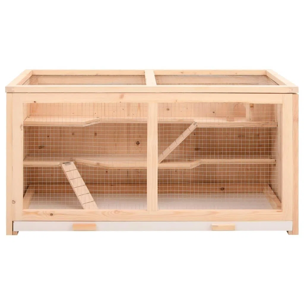 Jaula para hámster de madera de abeto, 89,5 x 45 x 45 cm | Gran casa para roedores con techo de rejilla abatible y bañera extraíble para el salón.
