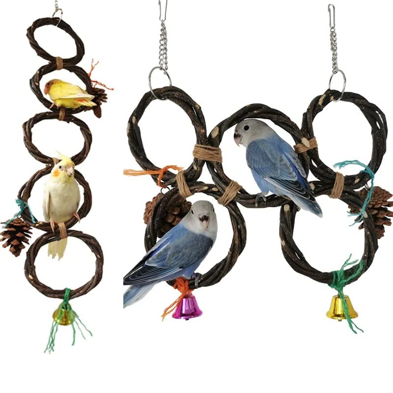 ArinkO Columpio de Madera para Loros con piñas para trepar y Tejer, Ideal para periquitos y cacatúas (Plata)