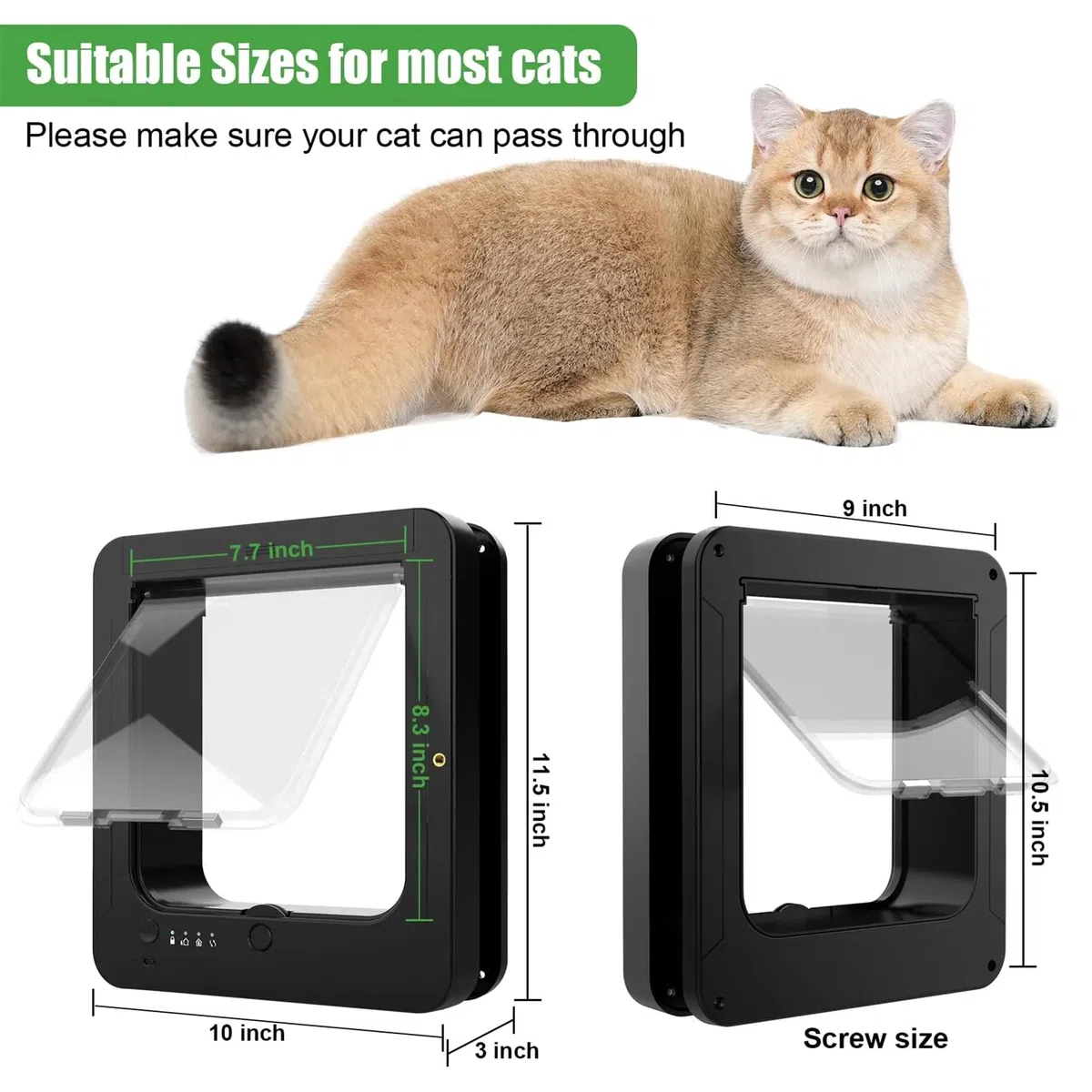 Gatera con Microchip, Puerta Inteligente para Gatos, con 2 Collares con Sensor y 1 Mando a Distancia, tamaño de Apertura: 7.7 * 8.3 in, para Gatos, Cachorros（Negro）