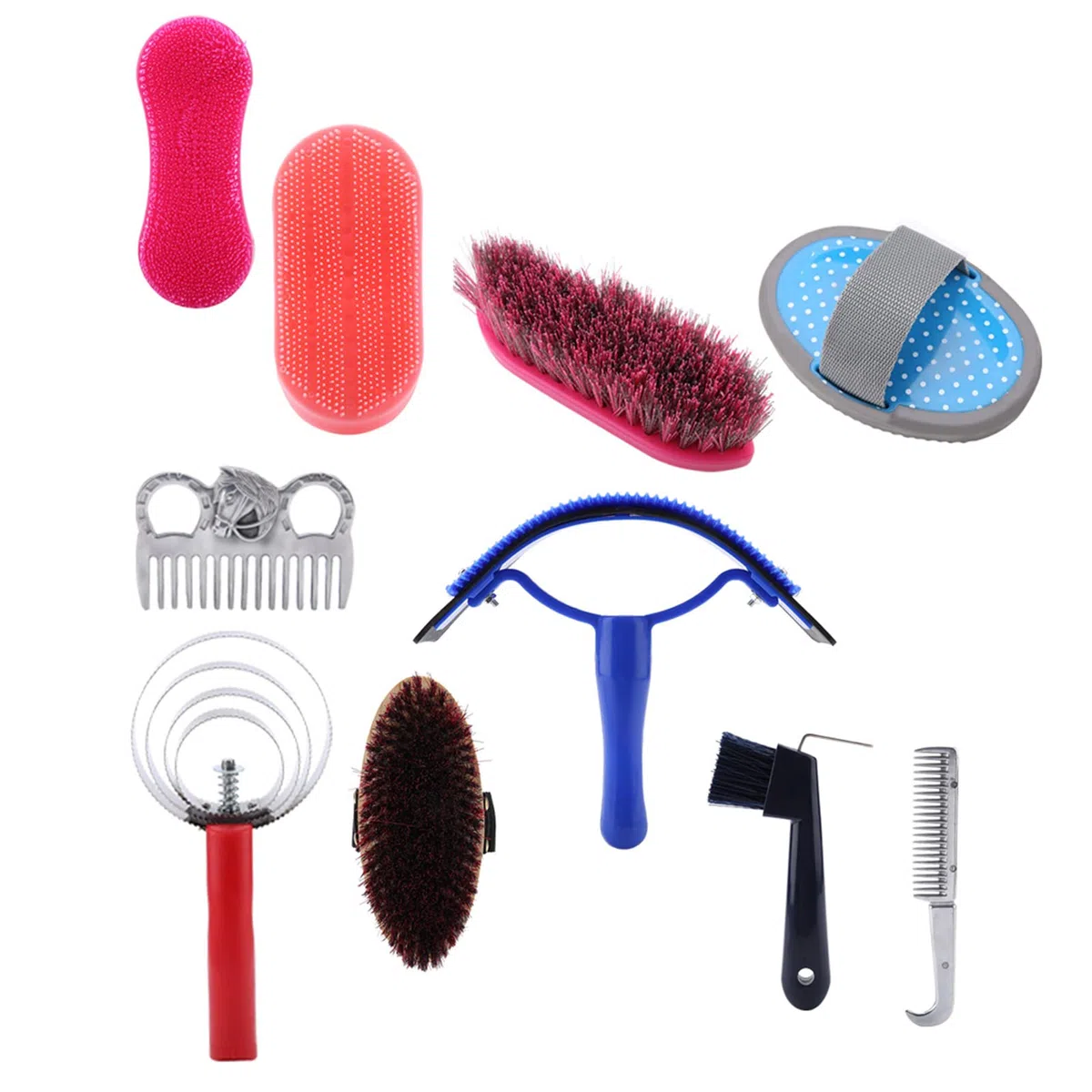 Kit de cuidado de caballos de 10 piezas, juego de herramientas de limpieza ecuestre, kit completo de cepillo para caballos y peine de curry con raspador de sudor, pico para