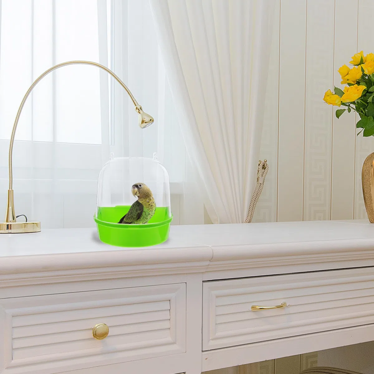Bañera Verde para Baño de Pájaros Pequeños y Loros, Cuenco de Plástico Colgante para Jaulas, Ducha Eléctrica para Periquitos en Interiores