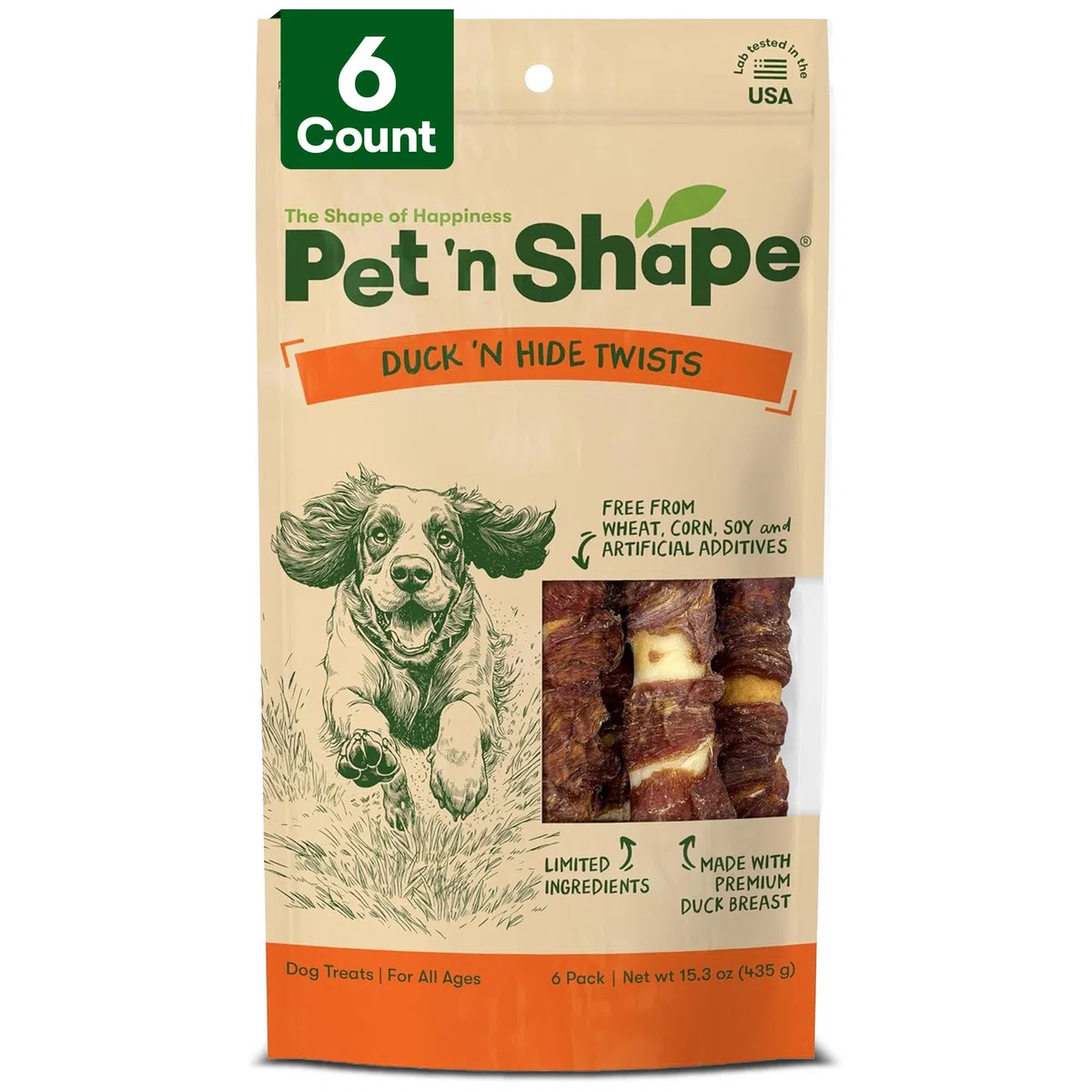 Pet 'n Shape Pato Hide Twist All Natural Dog Treat, Pato, Grande, 6 Cuentas