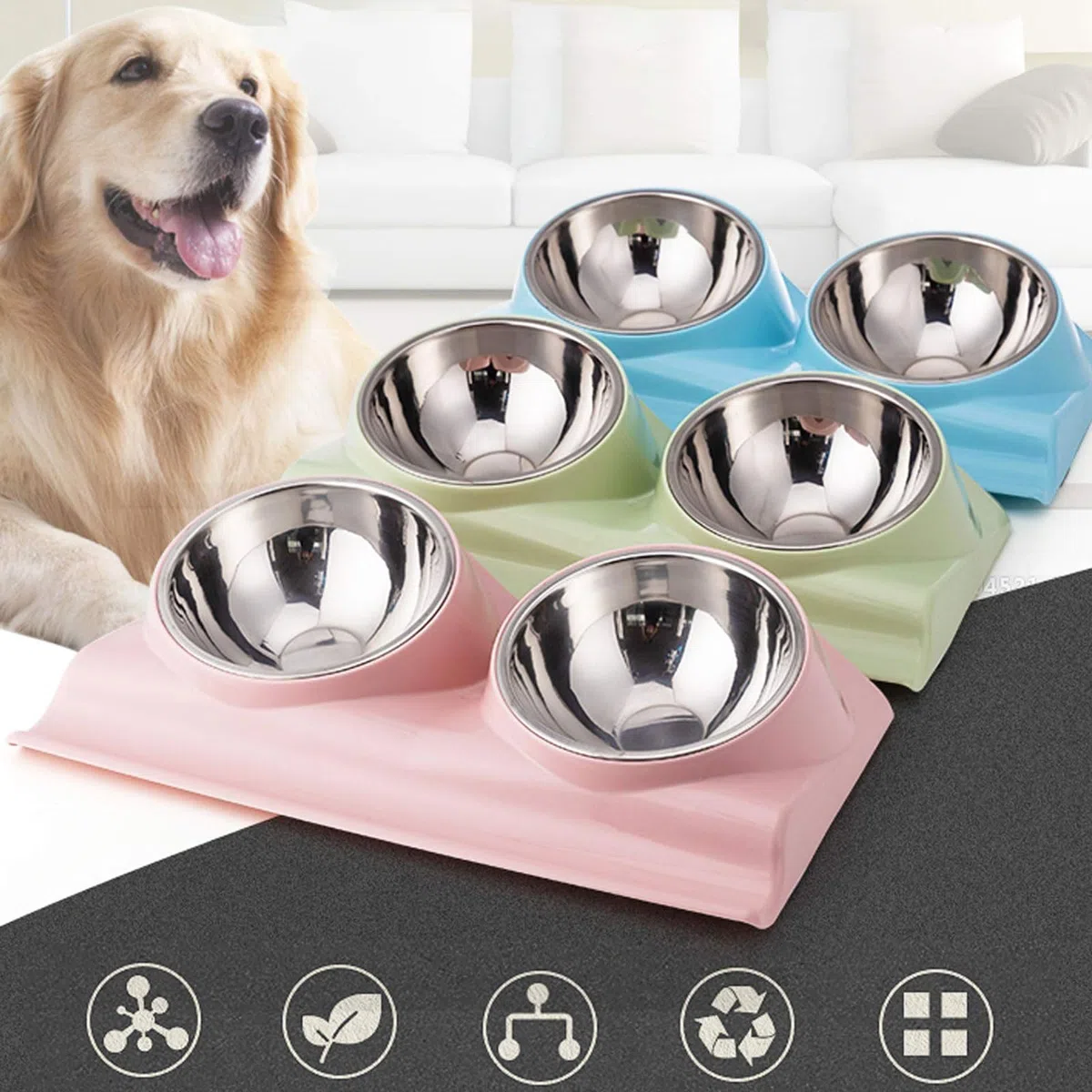 Comedero Doble for Mascotas con Base elevada, Antideslizante, Inclinado a 15 Grados, for Comida y Agua, Color Rosa