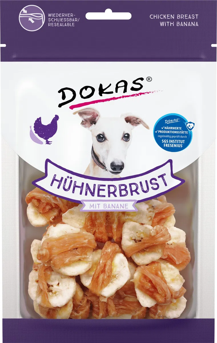 Dokas Snack Premium sin Cereales con pezuña de Pollo para Perros, plátano, 1 x 70 g