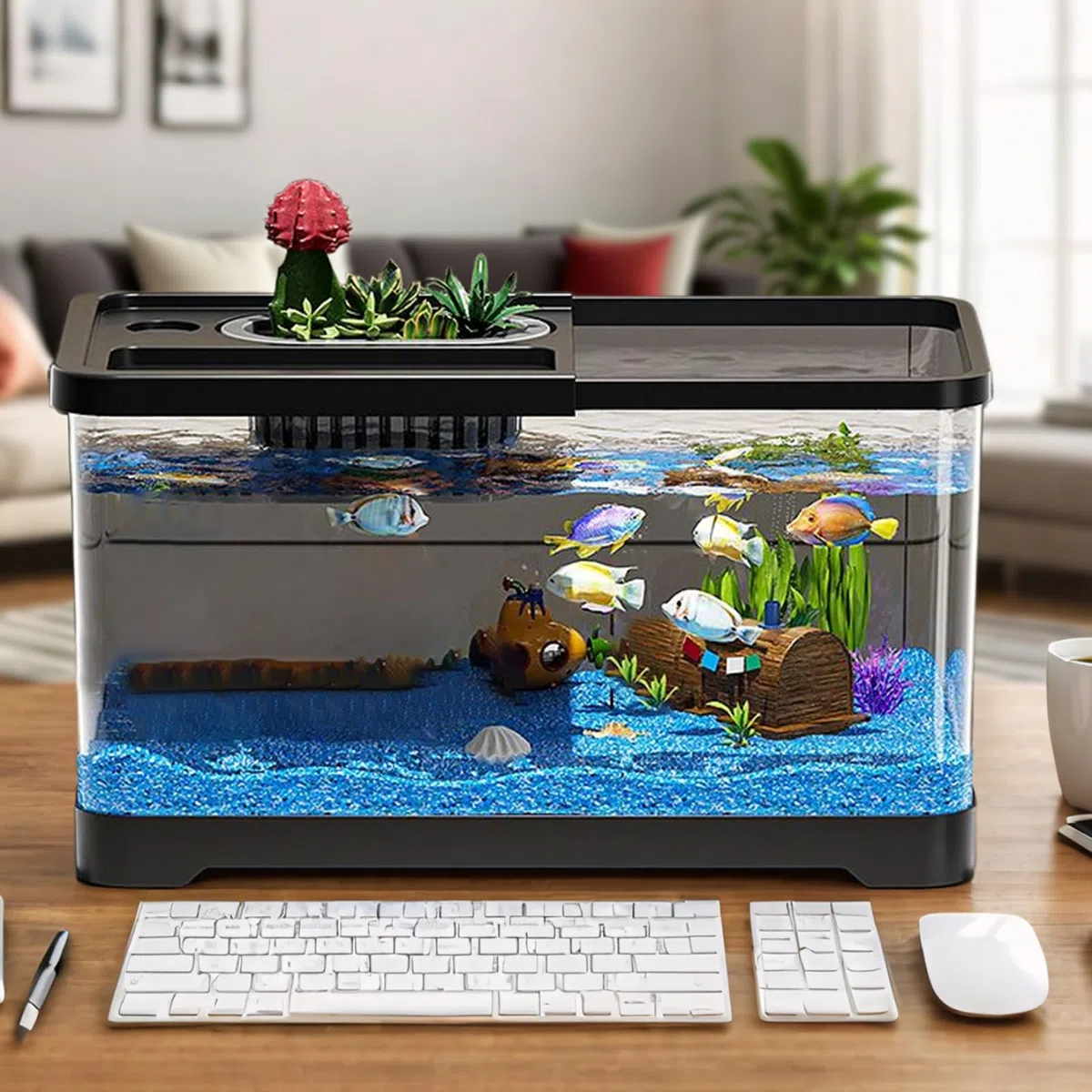 Acuario completo, mesa de 38 cm, acuario – Piscina de peces para principiantes – Juego de iniciación con tapa, plantas, guijarros, comida y accesorios, acuario decorativo para el hogar, oficina
