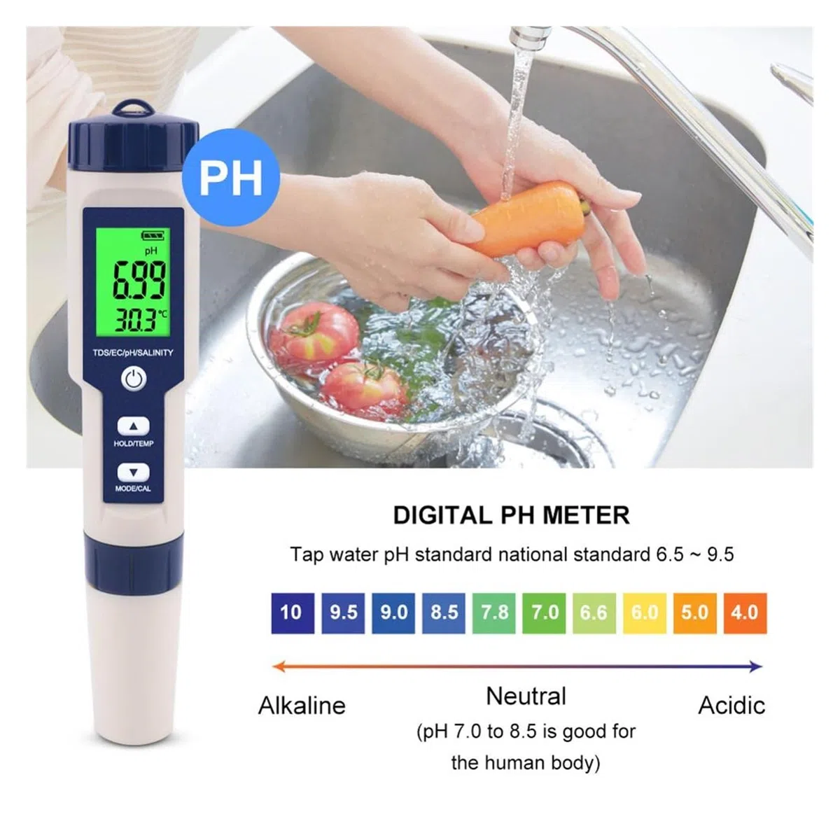 Probador de Agua, Medidor Digital de Calidad del Agua 5 en 1 TDS/EC/PH/salinidad/Temperatura for Piscinas, Agua Potable, acuarios(No Backlight)