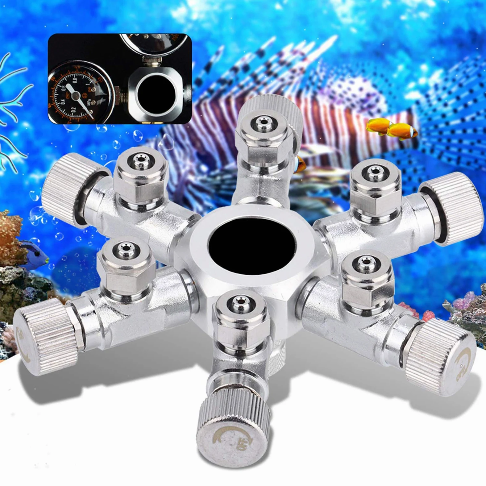 Válvula divisora ​​de CO2 para acuario de 2 vías Distribuidor de CO2 de acero inoxidable de aleación de aluminio con válvulas de aguja independientes Conector de manómetro Diseño (6 pases)