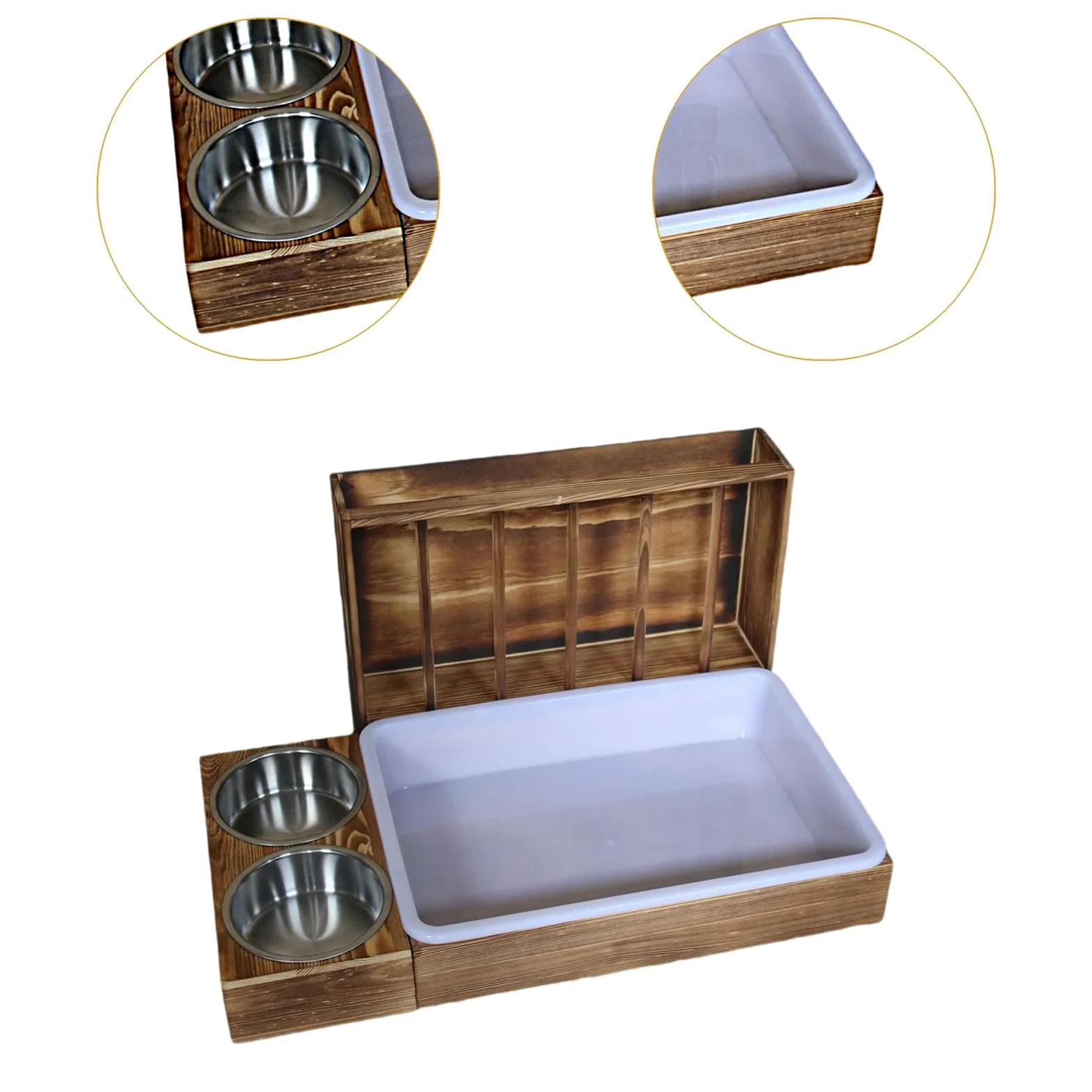 Comedero para conejos de madera con bandeja de arena para gatos, cuencos, bandeja de agua para chinchillas, bandeja de arena para gatos, comedero para heno