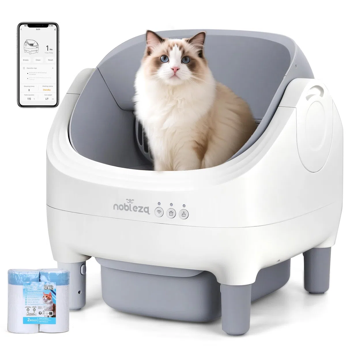 Nobleza Arenero Autolimpiable para Gatos SL03 - Caja de Arena Automática con Control por App, Diseño Abierto y Seguro, Capacidad XXL 12L para Varios Gatos, Incluye Bolsas y Ambientador, Blanco