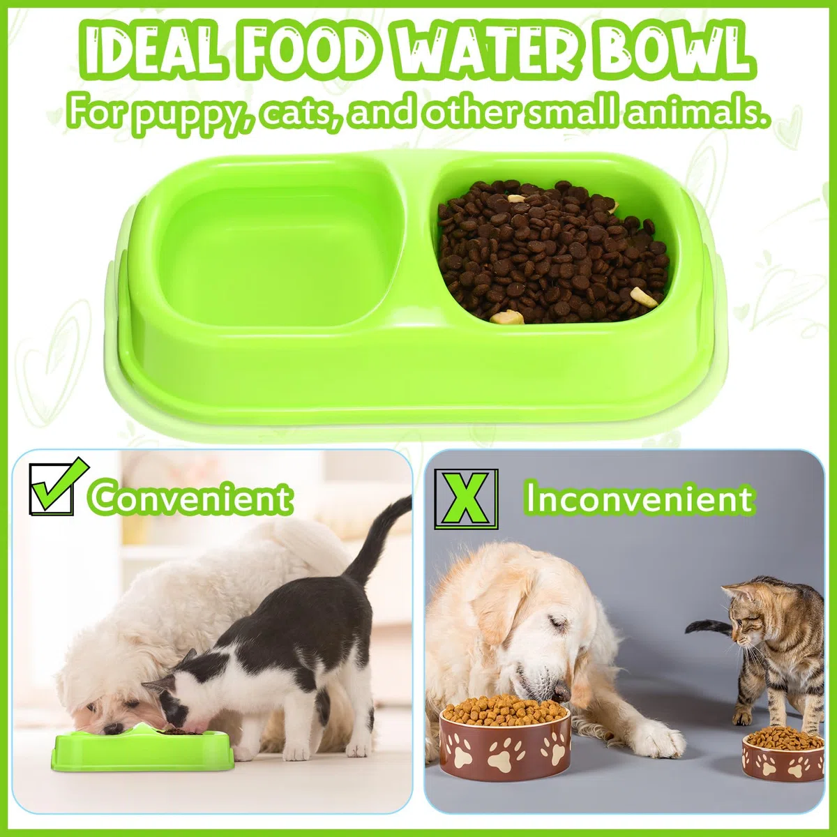 Hsei 12 platos dobles para comida de mascotas, cuenco de plástico para gatos, platos para perros, cuencos dobles para perros pequeños y medianos, gatos y cachorros, 3 colores surtidos