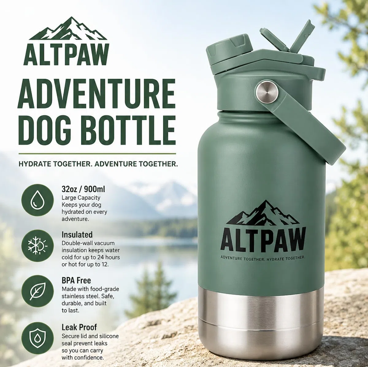 Botella de agua 3 en 1 aislada para pasear perros de 900 ml / 32oz con tapa de doble uso y 2 cuencos desmontables más bolsa de transporte, botella de viaje portátil, agua para perros, alimentos