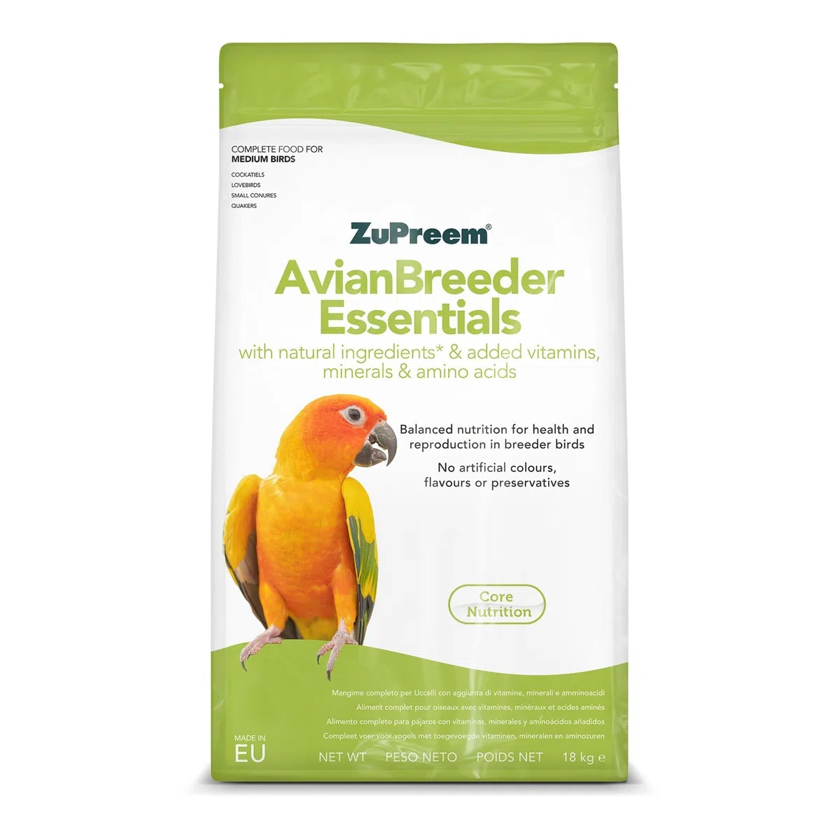 Zupreem Essentials Breeder Alimento para Aves de Tamaño Mediano - Pienso para Pájaros Indicado para la Cría de Agapornis, Cacatúas NINFA, Cotorras Pequeñas y Cotorras Argentinas - 18 kg
