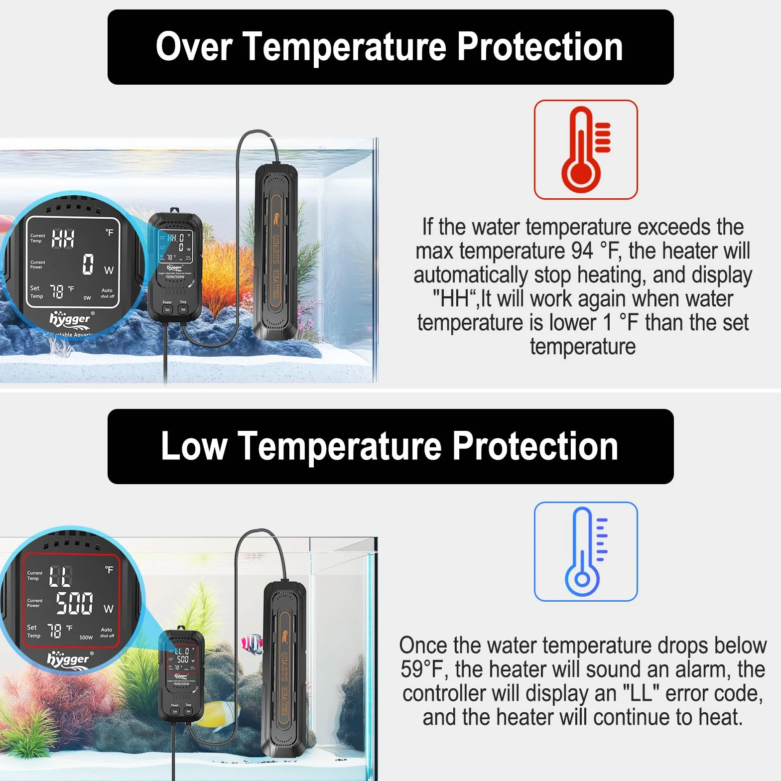 Hygger Calentador Acuario para Pecera Potencia Regulable 500W/1000W,Calefacción para Acuario Sumergible Calentador con Controlador Digital de Agua Dulce y Aalada de 400-800 litros