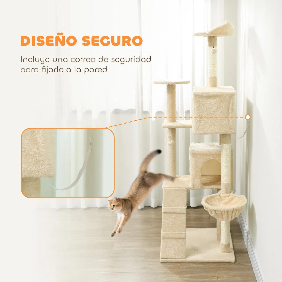 PawHut Árbol Rascador para Gatos, Árbol para Gatos 180 cm, Torre Escalador con Múltiples Plataformas, Cama, 2 Cuevas, Hamaca, Escalera, Postes de Sisal, Bolas para Jugar, Beige