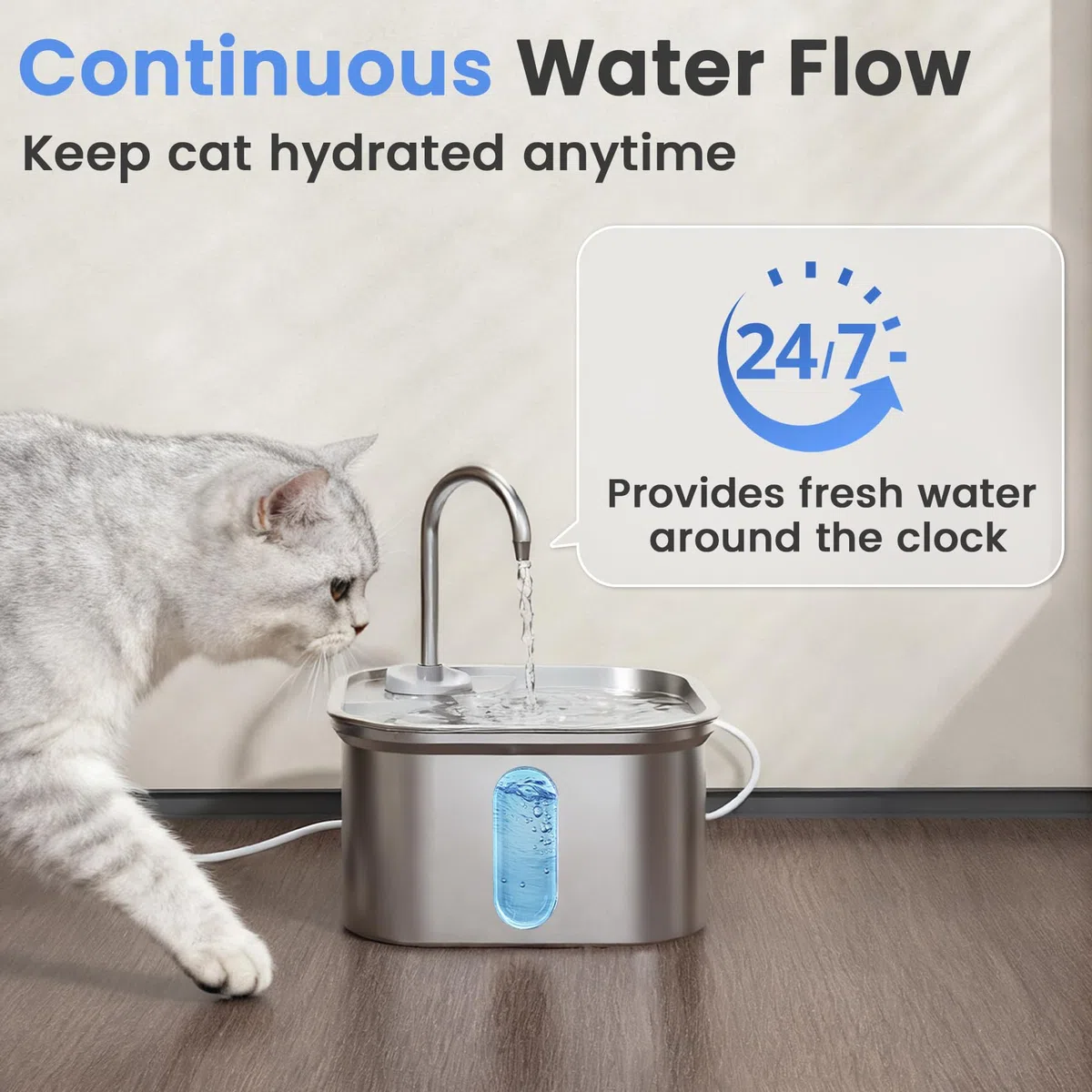Fuente de Agua para Gatos, Acero Inoxidable, 3,2 L, dispensador de Agua automático silencioso para Perros, Apagado automático Seguro, Fuente de Agua Cuadrada Grande para Gatos de Interior