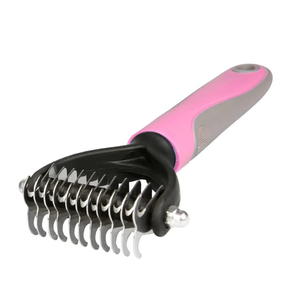 Juego de 10 cepillos de aseo para mascotas de 2 caras, rastrillo de pelo para eliminar nudos de pelo, herramienta de desprendimiento, color rosa