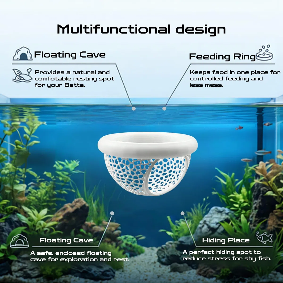 Paquete de 2 hamacas flotantes Betta, cueva escondite Betta impresa en 3D con anillo de alimentación, decoración multifuncional para acuarios, accesorios para peceras, refugio de descanso para peces