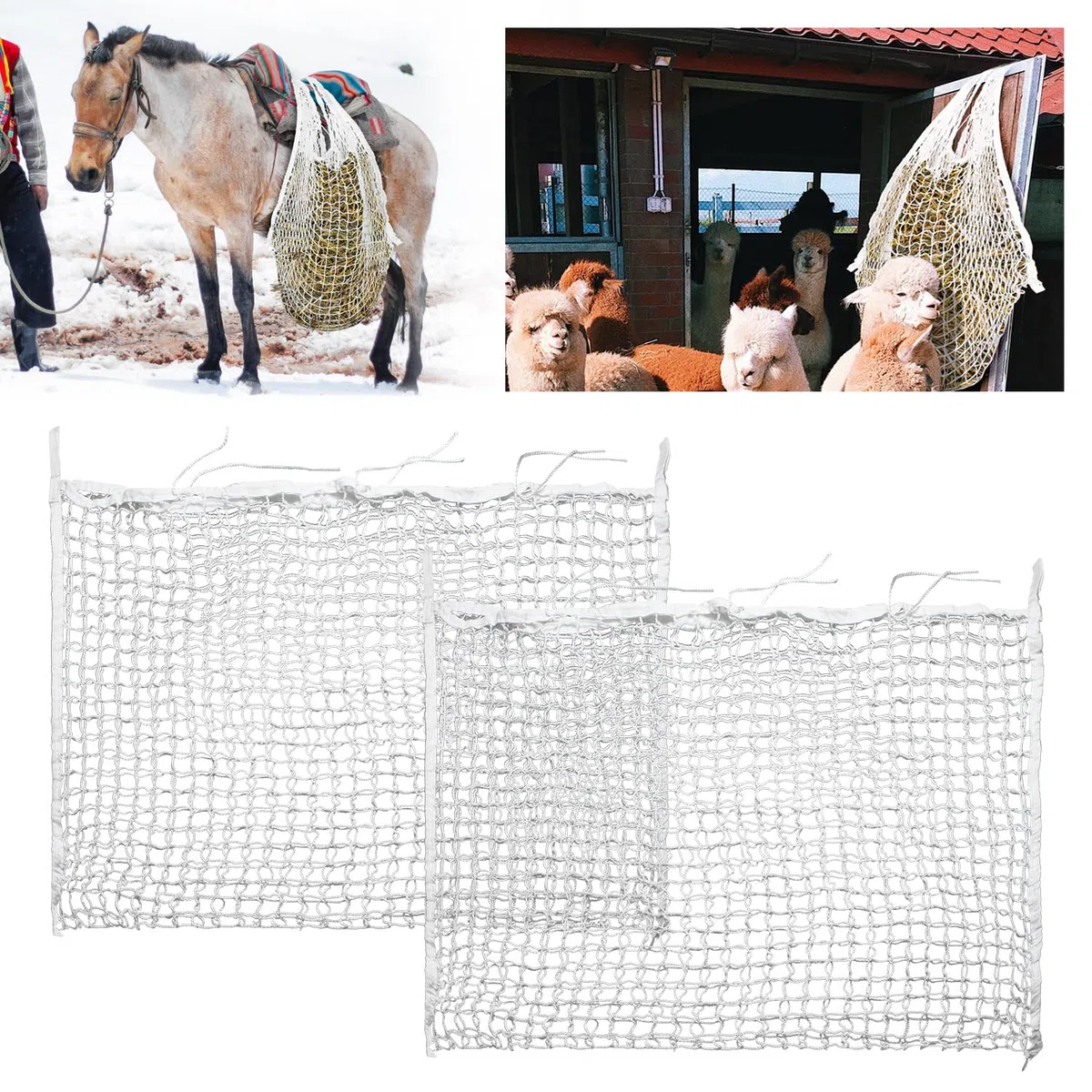 Sonnewelt 120 x 90 cm bolsa de red de heno muy fácil de llenar red de heno pequeña malla control de los tiempos de alimentación heno hierba alimentación paja red de malla estrecha, dos piezas