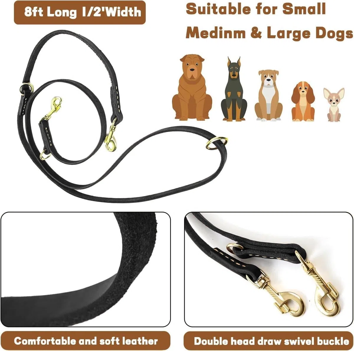 Correa de Cuero for Perros: Entrenamiento Manos Libres Genuino multifunción de 8 pies, Correa Deslizante Ajustable for Perros pequeños, medianos y Grandes(Black)