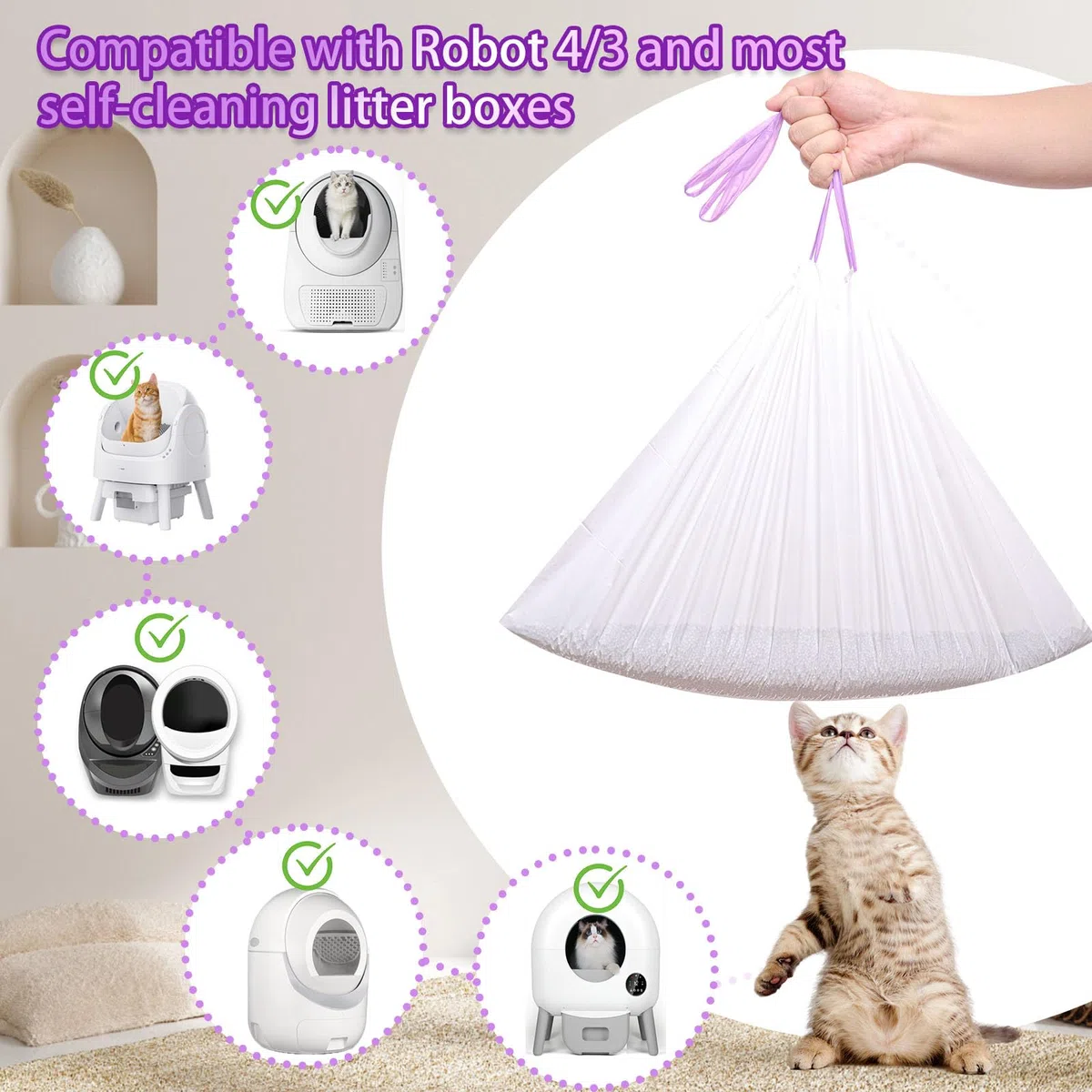 Elzrghs Paquete de 100 bolsas de basura con cordón para gatos compatibles con Litter-Robot 3/4, bolsas de basura resistentes para autolimpieza automática de caja de arena