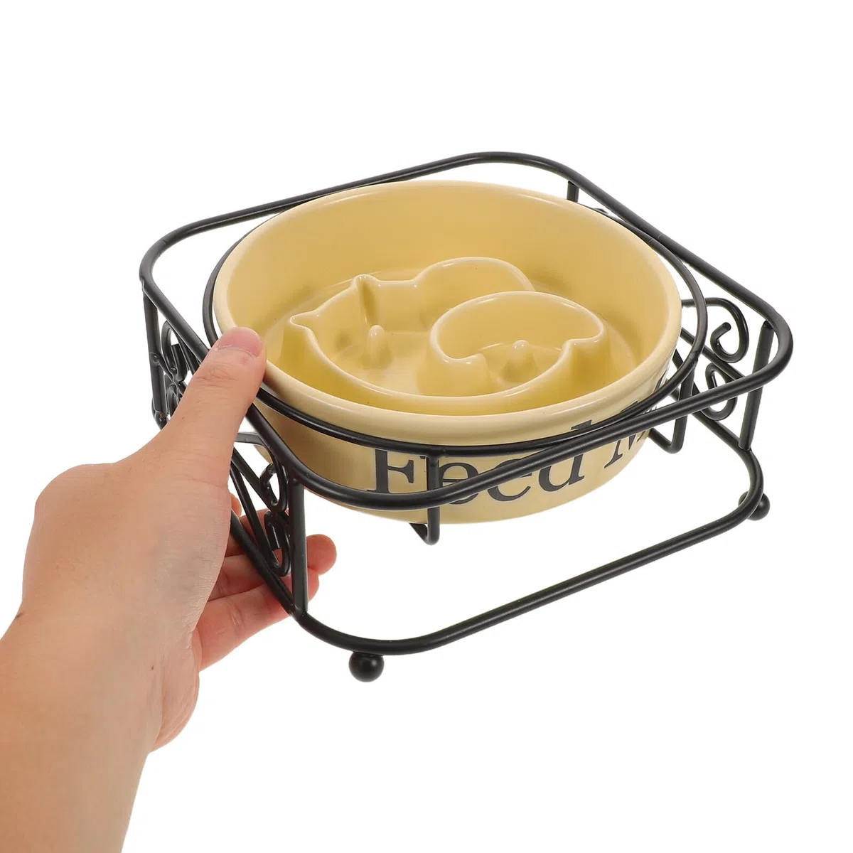 Comedero Lento Elevado para Perros y Gatos Pequeño de Cerámica Color Amarillo con Soporte Metálico Antideslizante para Alimentación Saludable y Control de Porciones