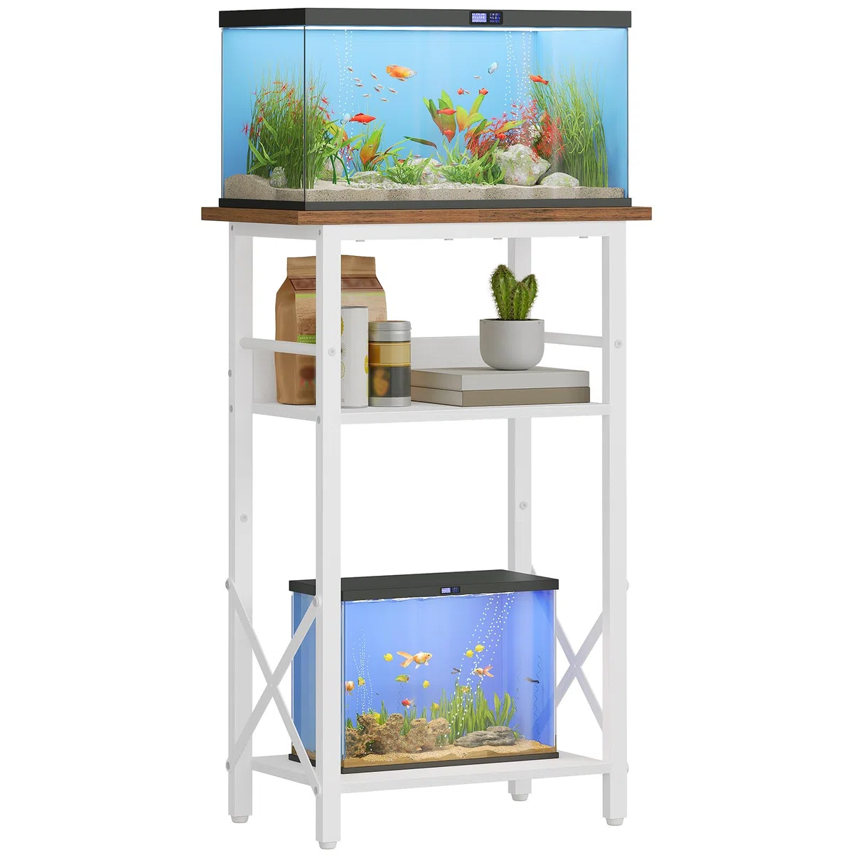 HOOBRO Soporte para Acuario de 3 Niveles, Soporte para Pecera de 37,8 L, con Espacio de Almacenamiento, Marco Metálico, para Sala de Estar, Estudio, Oficina, Blanco y Nogal EWH52FT01