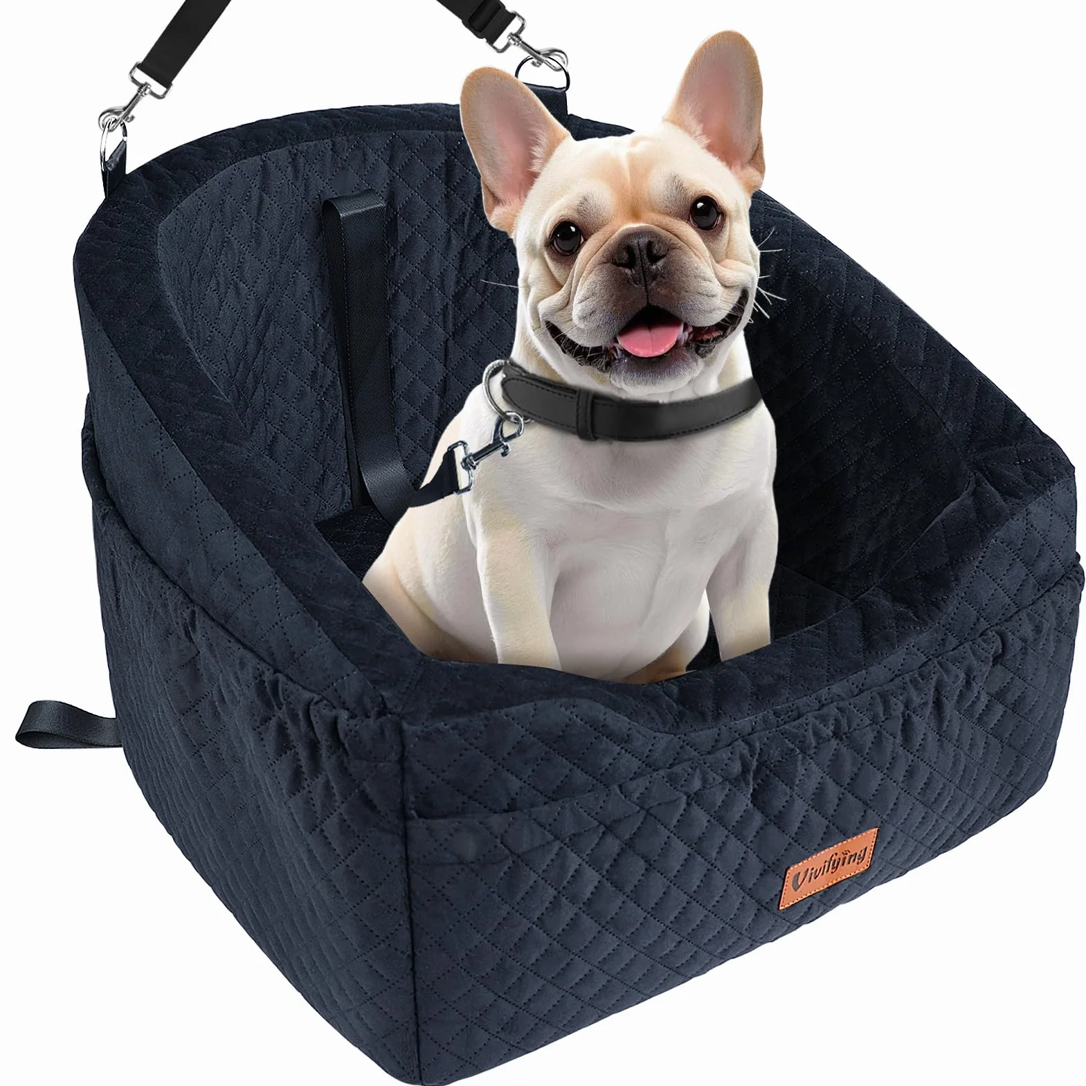 Vivifying - Asiento de coche para perro de tamaño pequeño y mediano, cesta de perro de coche con correa de seguridad y bolsillos de almacenamiento, asiento elevado para asiento delantero y asiento