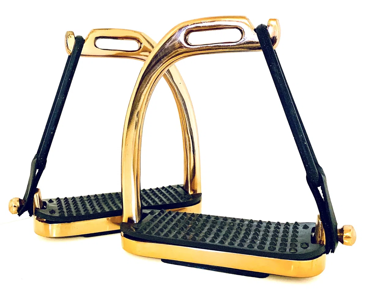 EXTREME Estribo de seguridad con anillo de goma – Oro rosa – Diseño Peacock – Aluminio – Antideslizante – 4 a 5 pulgadas