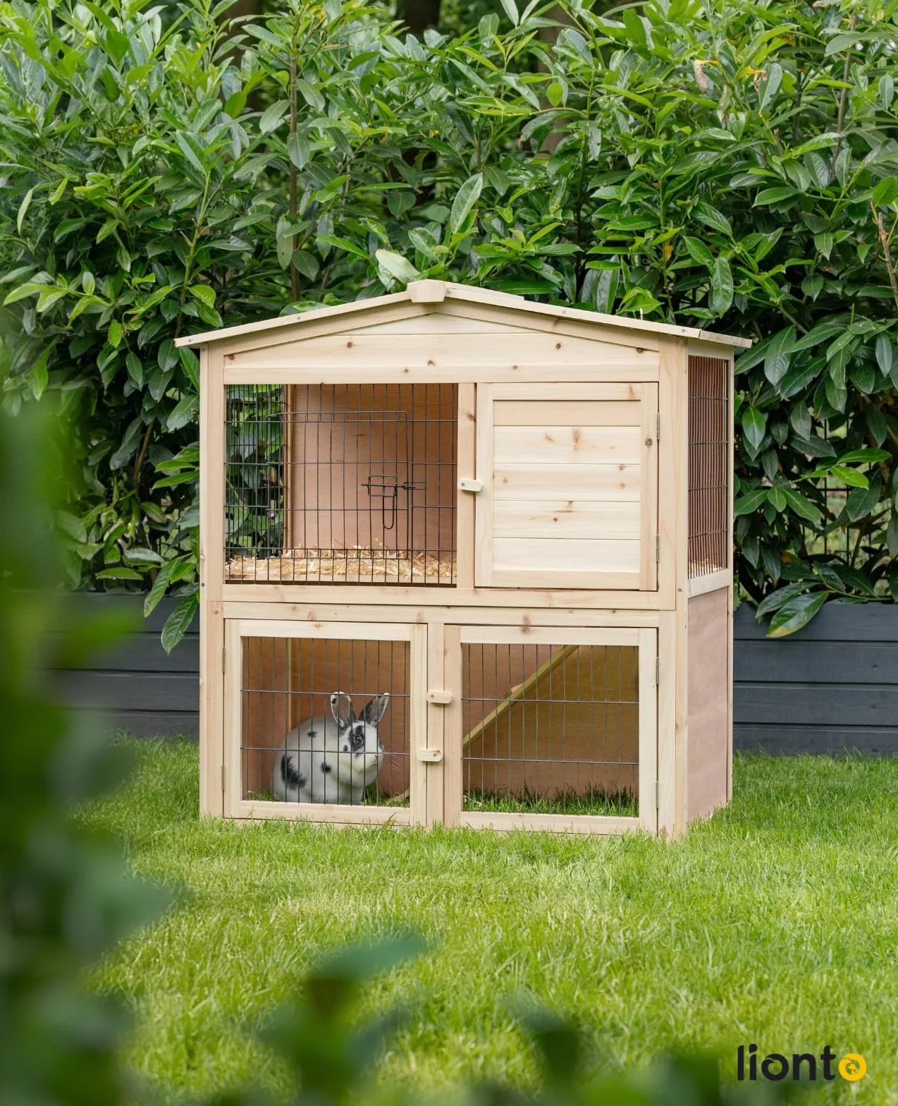 lionto Conejera de Madera caseta Exterior para Mascotas pequeñas cobertizo 98x54x100 cm
