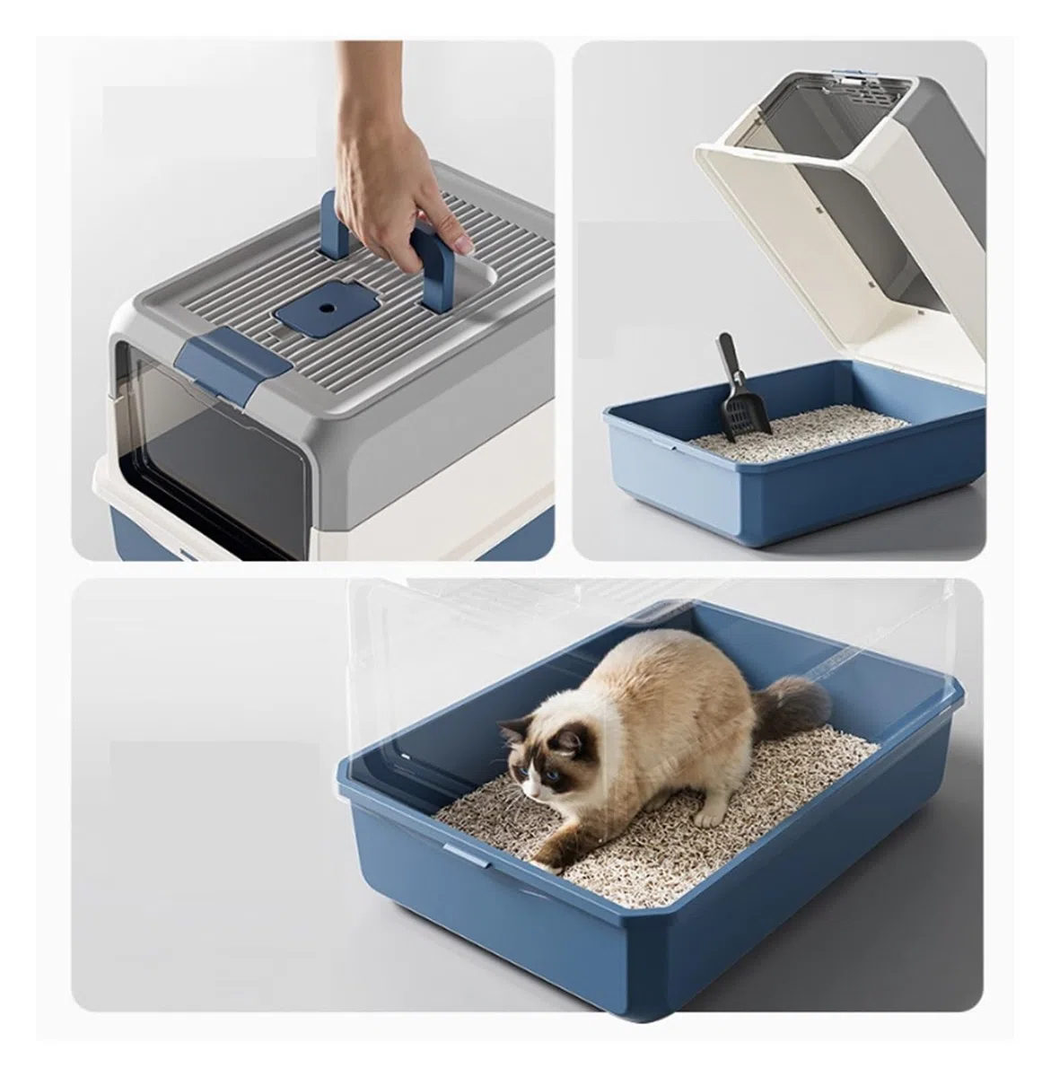 Caja de Arena for Gatos Cerrada Grande, Bandeja de Arena antisalpicaduras extraíble con Cuchara for Mascotas, fácil de Limpiar(BLU)
