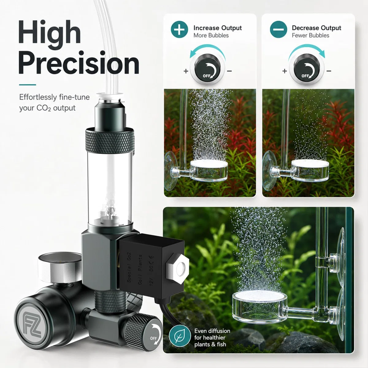 FZONE Mini Regulador de CO₂ para Acuario (W21.8) Kit, Sistema Compacto de CO₂ con Difusor, Electroválvula DC Mejorada, Contador de Burbujas y Válvula Antirretorno para Acuarios Plantados