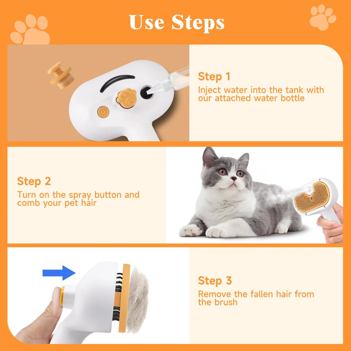 Cepillo de vapor para mascotas para perros y gatos, peine de depilación en aerosol 3 en 1, vapor para desprendimiento y aseo, cepillo de agua para mascotas de pelo largo y corto, peine Spritz Defur