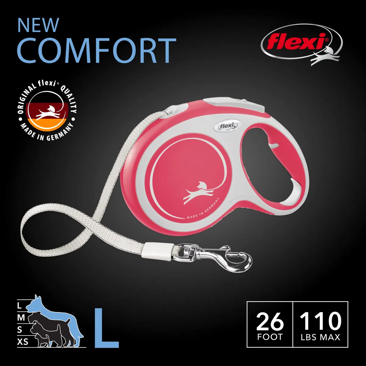 flexi New Comfort - Correa retráctil para Perro (Cinta), para Perros de hasta 132 Libras, 26 pies, Grande, Rojo/Pastel
