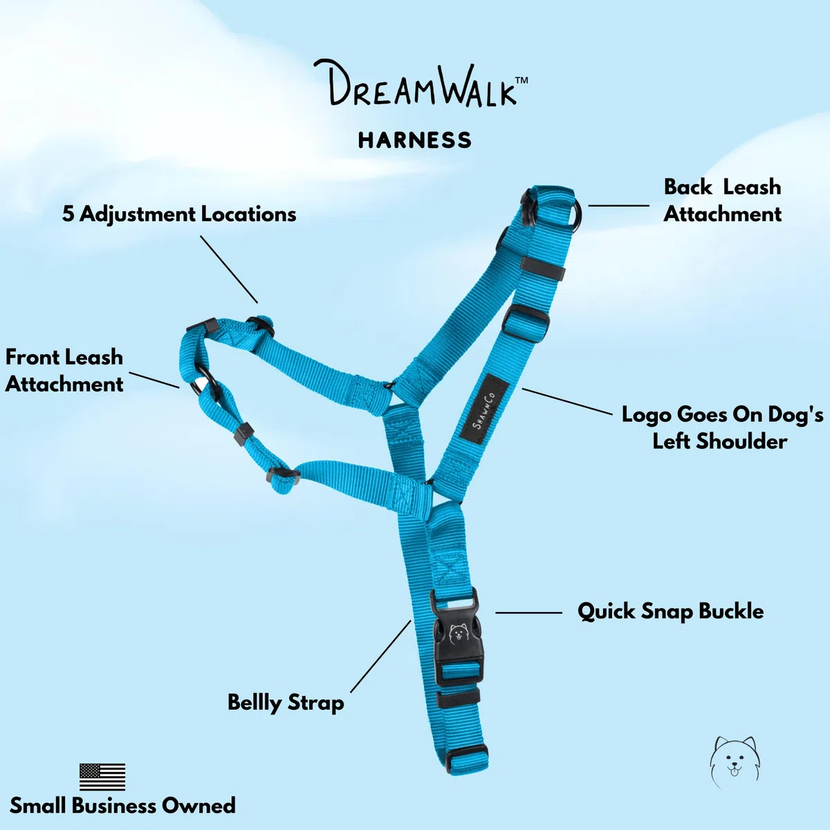 ShawnCo Dream Walk - Arnés para Perro sin tirones, Ajustable, cómodo y fácil de Usar para Ayudar a Dejar de Tirar, para Perros pequeños, medianos y Grandes (Azul océano, S)